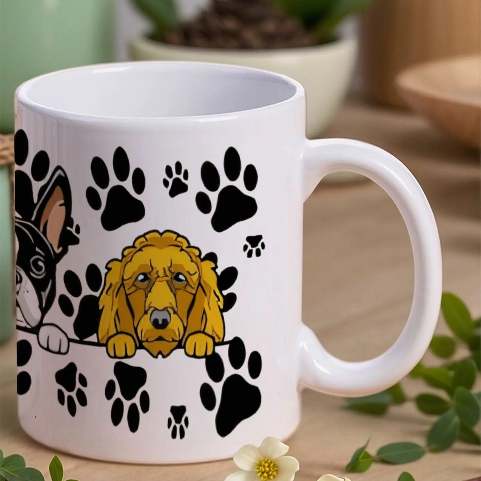 Tres perros mirando sobre una valla con impresiones de patas tazas de café, vasos de 330 ml para el verano