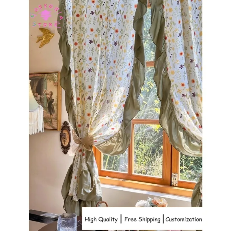 

Sample Custom Retro Lotus Leaf Lace Small Floral Curtains for Living Room Cotton Half Cover Partition Blackout Thermal Insulated