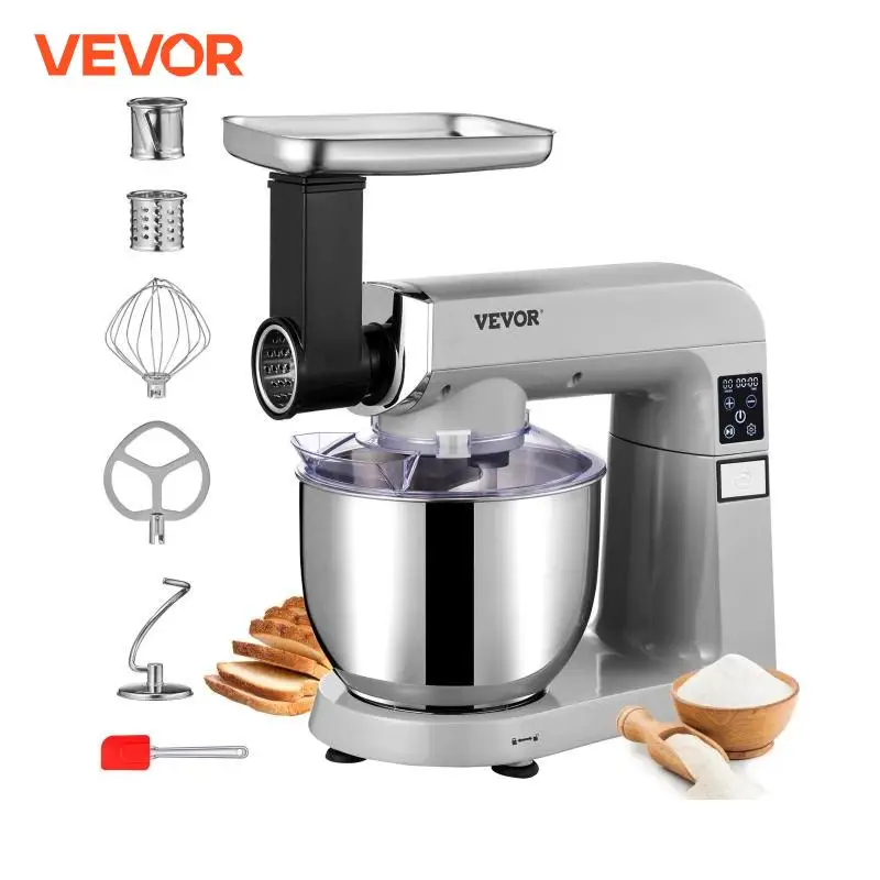 VEVOR 6 in 1 스탠드 믹서, 450W 틸트 헤드 다기능 전기 믹서, 6 가지 속도, LCD 스크린 타이밍, 7.4Qt 스테인레스 그릇
