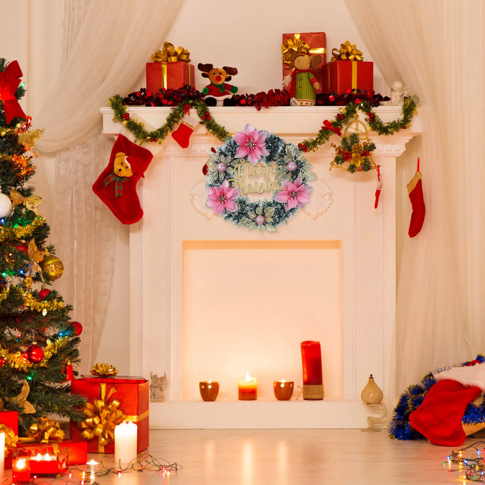 

Christmas Poinsettia Wreath Artificial Berry Bowknot Front Door Holiday Festive Porch Fireplace Window Decor Holiday Wreath