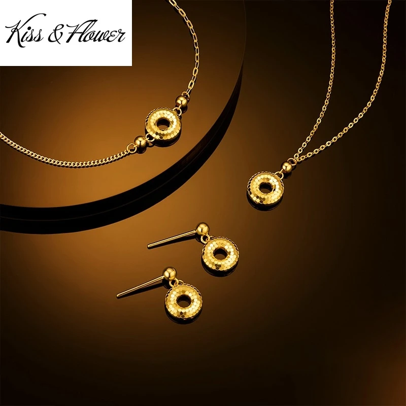 

KISS&FLOWER Gold Shiny Rould Necklace+Bracelet+Earrings For Women Wedding Party Birthday Christmas Bride Mother Girl Gifts JS591