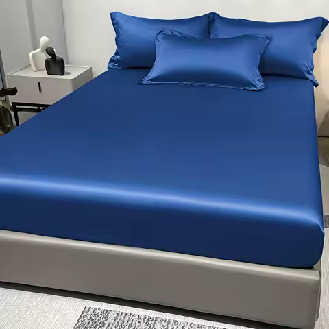 1 Simple Modern Satin Solid Color Fitted Sheet, Solid Color Ice Silk Bedspread For Bedroom, Bed... product image
