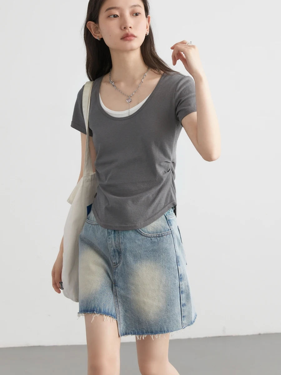 CHIC VEN Women T-Shirts New U-neck Contrasting Color Pleated Female Tees Front Shoulder Short Sleeved Woman Top Summer 2024