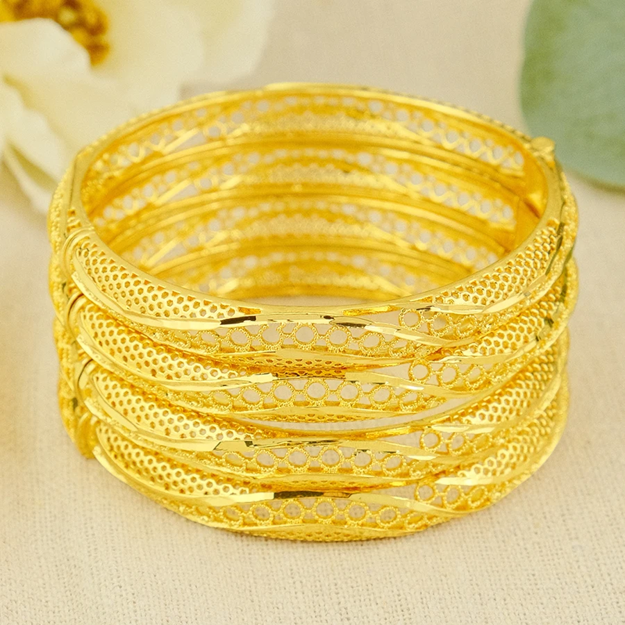 Dubai Twisted Hollow Fashion 24K Gold Plated Indian and African Copper Bracelet Charming Wedding Jewelry Luxury