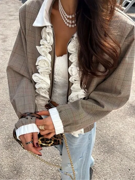 Korean Style Short Chic Vintage Plaid Color Block Flower Decorated Women's Jacket Autumn Design Sensation Coat Top