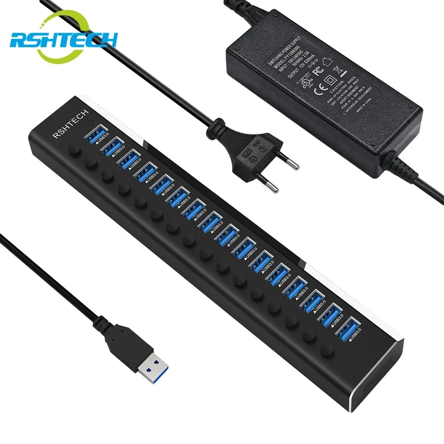 

RSHTECH USB Hub 16 Ports 100W USB 3.0 Data Hub Aluminum 5Gbps Splitter with 12V/8A Power Adapter Individual On/Off Switches