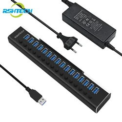 RSHTECH USB Hub 16 Ports 100W USB 3.0 Data Hub Aluminum 5Gbps Splitter with 12V/8A Power Adapter Individual On/Off Switches