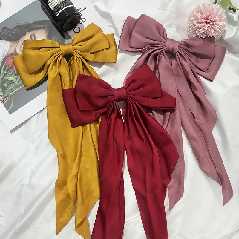 أبيض أسود القوس دبوس الشعر شريط كبير الحجم مشبك شعر كبير ومقاطع شريط من الساتان الطويل مشبك شعر النساء حفل زفاف إكسسوارات الشعر