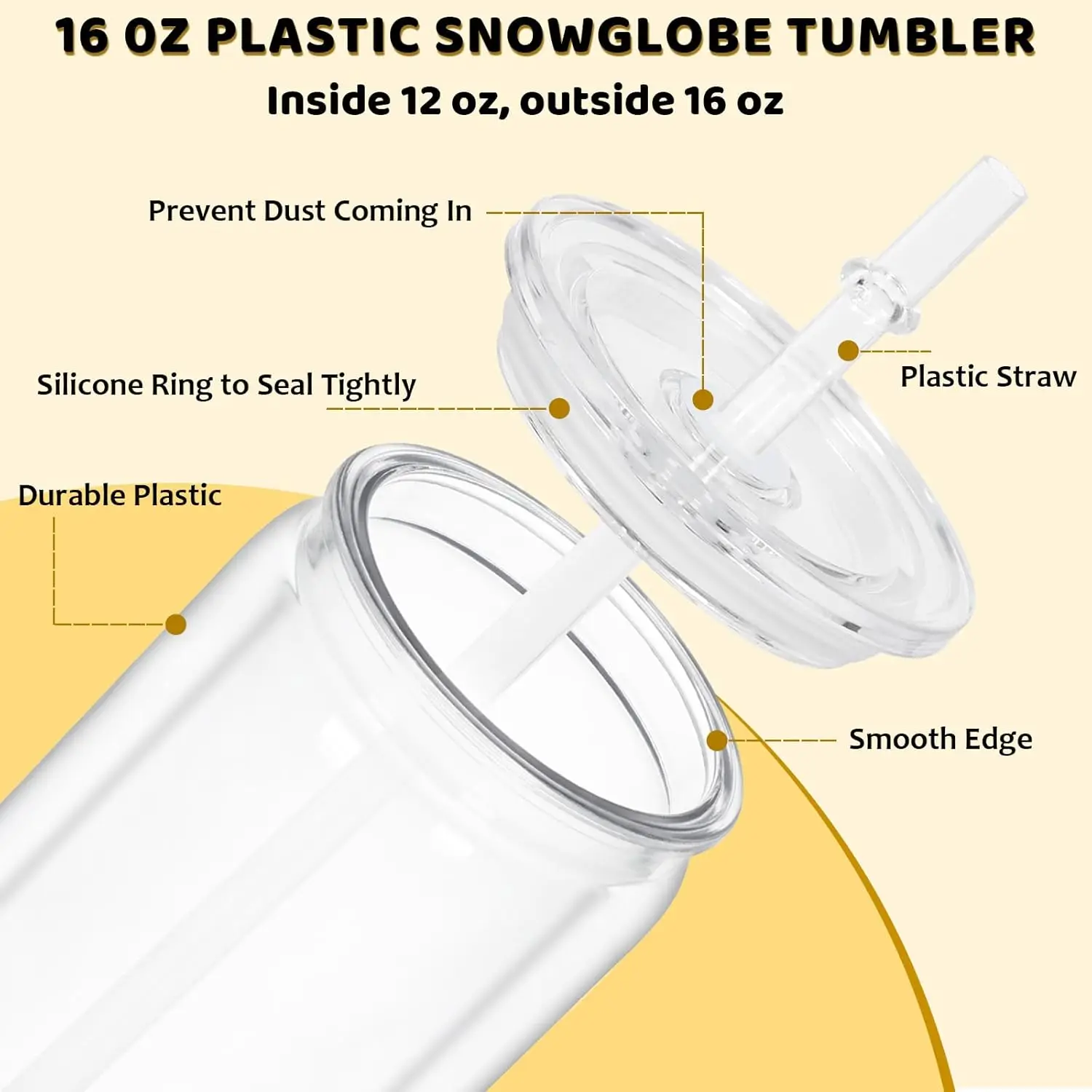 

16 Oz Acrylic Snowglobe Tumbler, 25 Pack Pre-Drilled Double Wall Plastic Clear Cup,Double Wall Snowglobe Cup with Clear Lid