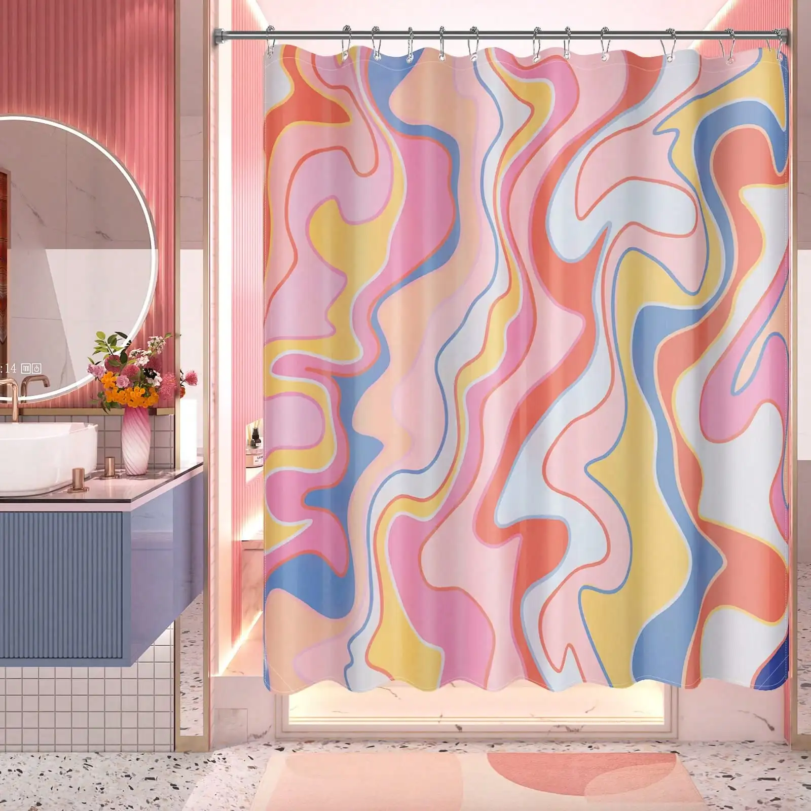 AmazerBath Shower Curtain With Hooks Sets, Luxury Washable Cloth Shower Curtain Sets With 12 Shower Curtain Hooks