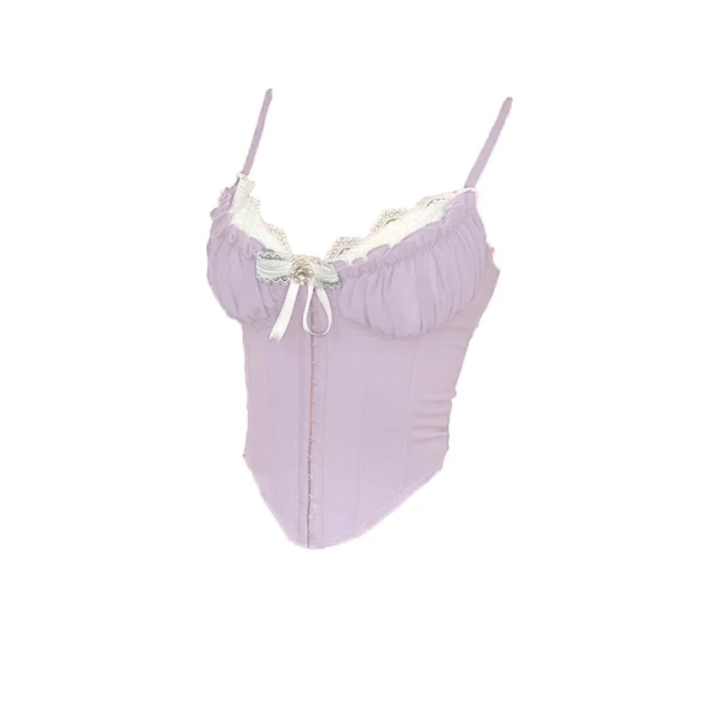 

Elegant Ruffle Lace Flower Camisole Bowknot Buckle Lace Corset Sleeveless Sweet Suspender Vest Spring Summer