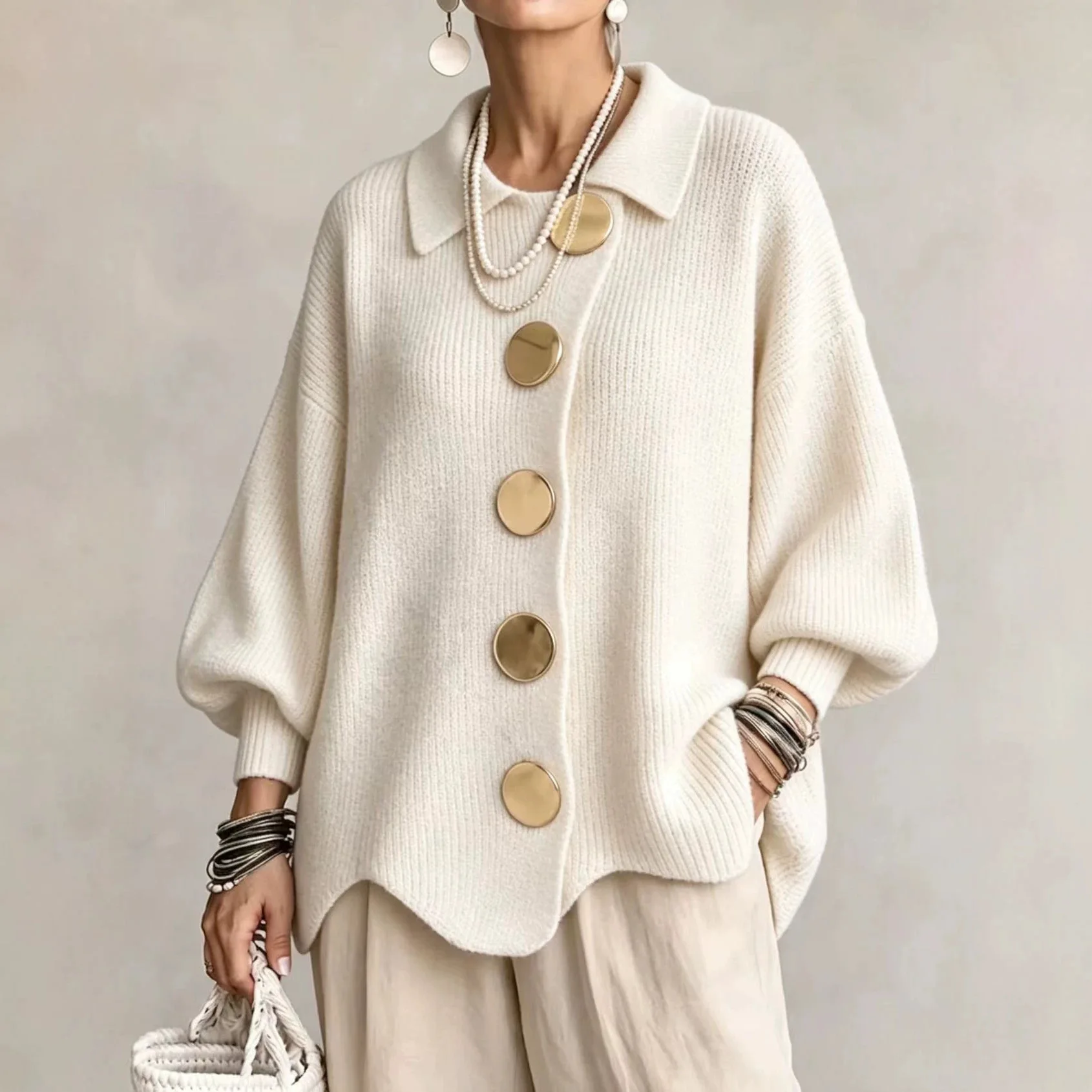 Women's Vintage French Style Knit Cardigan, Lapel Collar Button Front Sweater, Loose Fit Long Sleeve Fall Winter Top