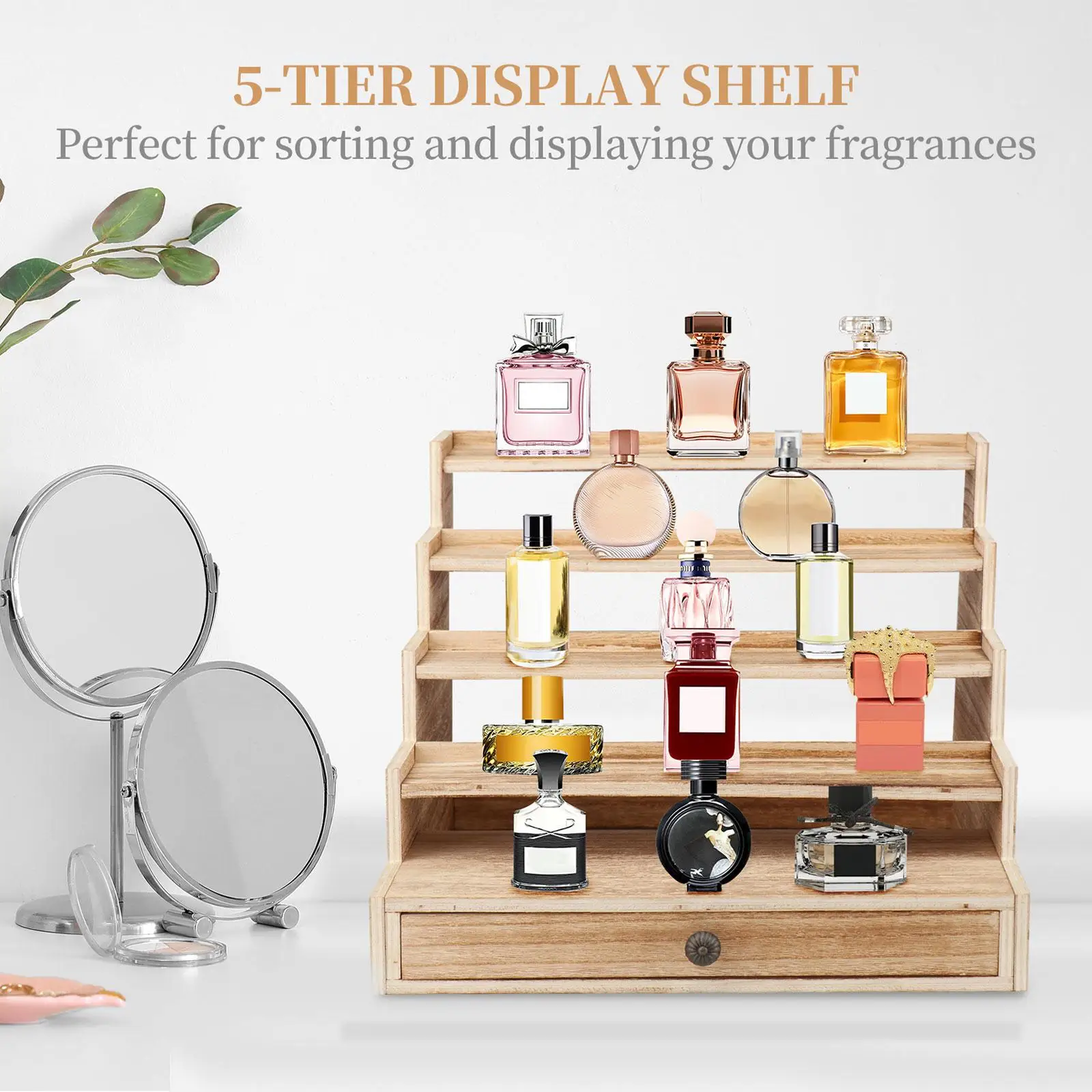 Wood Display Riser Shelf with Drawer for Perfume Bottle Cosmetic Showcase Vanity Organizer Stand