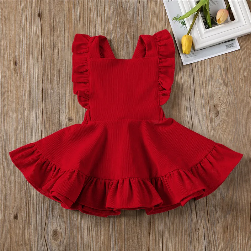 Blotona Lovely Baby Girls Solid Color Suspender Skirt, Sleeveless Square Collar Large Hem High Waist Dress with Ruffles