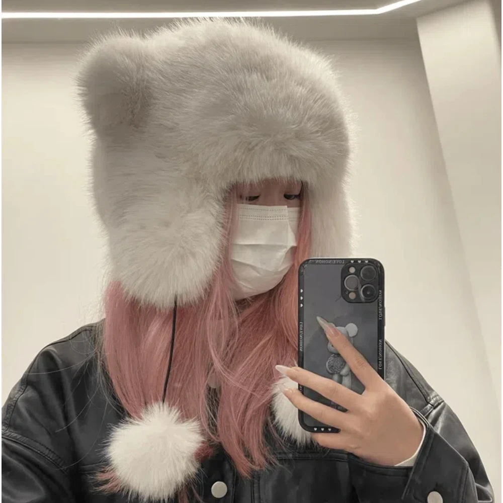 Korean Sweet Winter Plush Bomber Cap Women Keep Warm Windproof Ear Protection Cute Pom-pom Little Bear Hat Beanies Lei Feng Hat