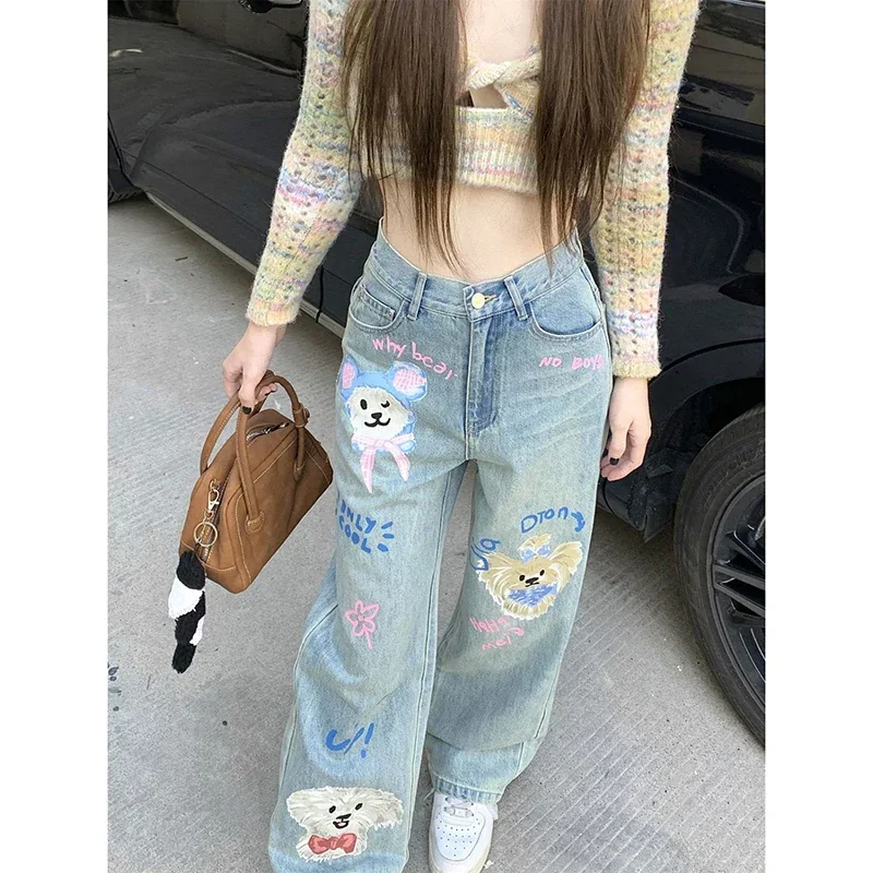 American Cartoon Graffiti Print Wide-leg Jeans Women Loose High Waist Thin Straight Pants Casual Trailing Pants Female