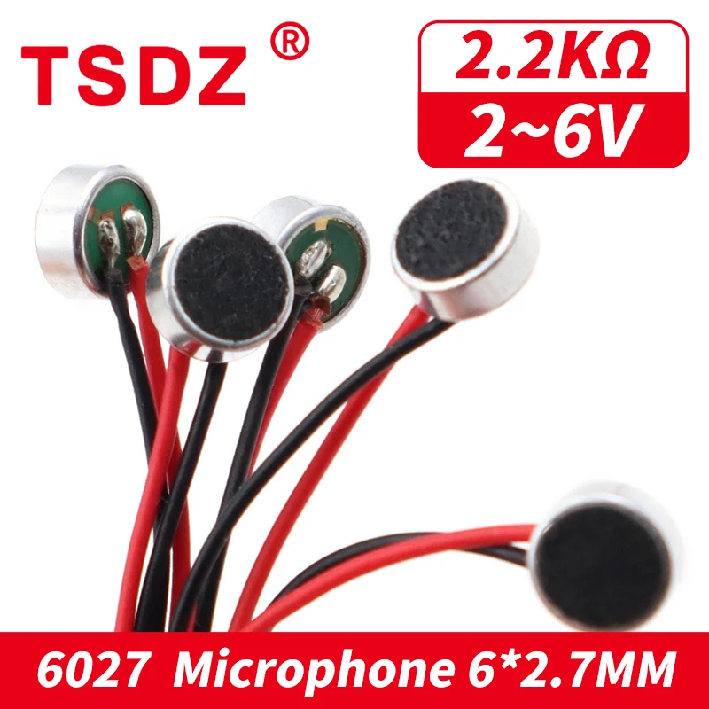 10PCS/LOT 6027 Mini Microphone Cord 6*2.7MM Pickup High-Sensitivity Electret Microphone Capsule Condeser With Cable