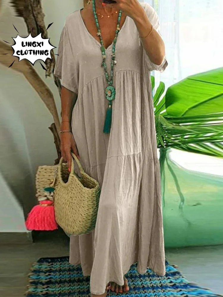 2024 Summer Fashion New Women\'s Long Dress V-neck Irregular Solid Color Cotton Elegant Large casual long hem retro dress