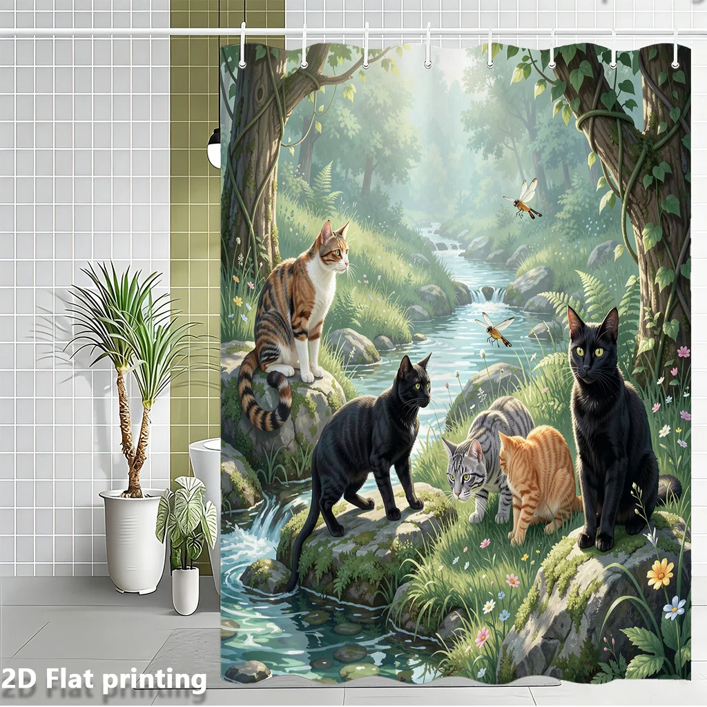 Cute Cats Forest Wildlife Shower Curtain Waterproof Bathroom Curtain Jungle Nature Aesthetic Decor Art Print for Kids Adults view 2