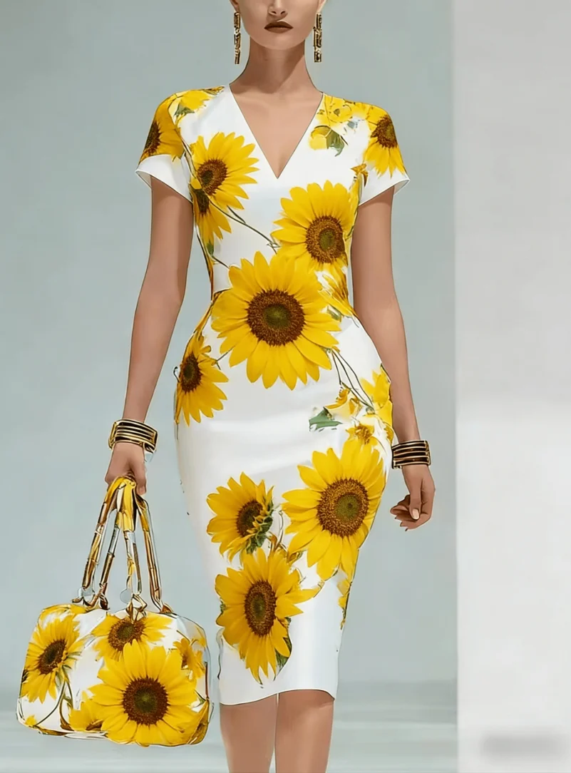 Women's Sunflower Print V-Neck Tight-Fitting Midi Dress, Elegant Workwear and Party Bodycon Dress