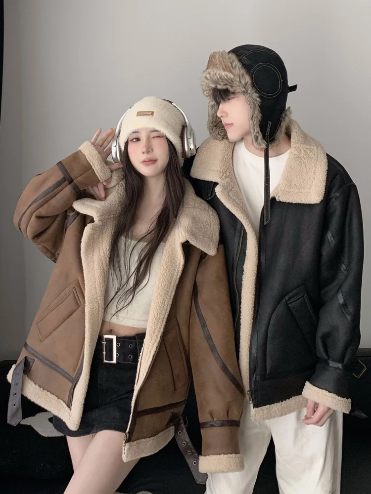 American Retro Lamb Velvet Cotton Jacket Men's Autumn Winter Suede Thick Motorcycle Clothes Couple's Outwear Warmth