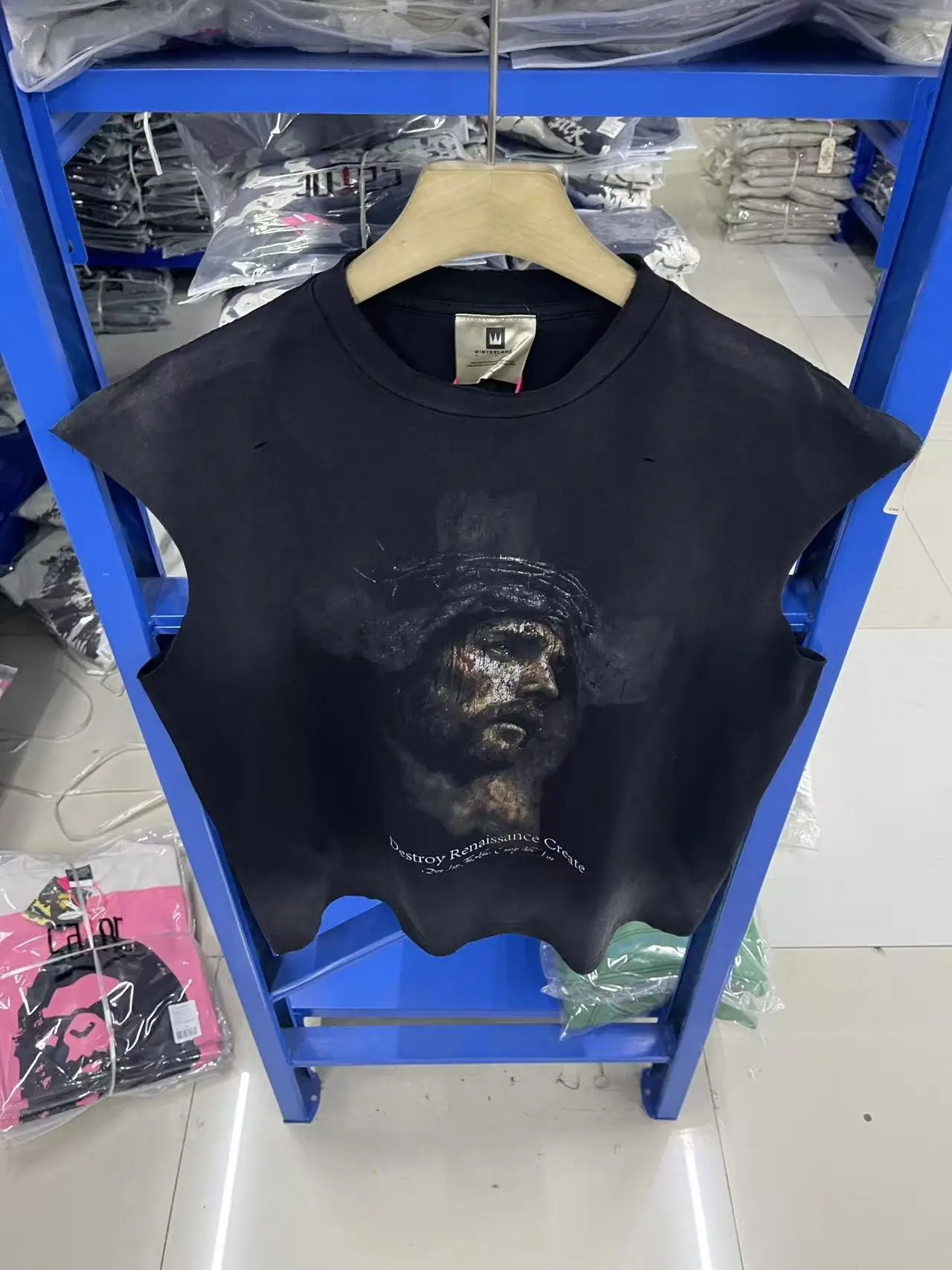 New Vintage Jesus Avatar Pattern Printed Washed Vest T-shirt High Street Fashion Versatile Casual Comfortable Hip Hop Top Men