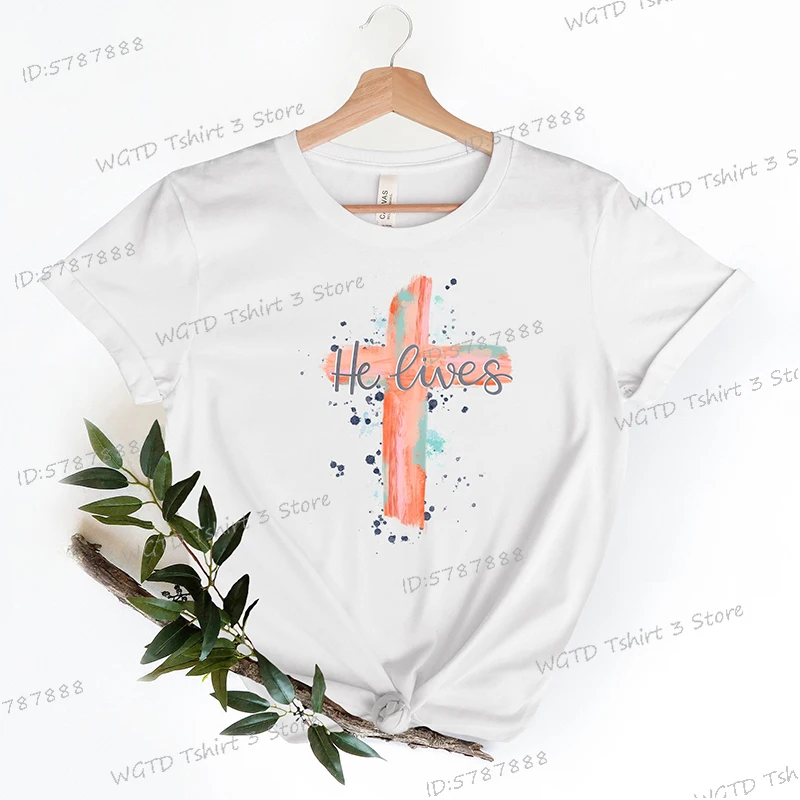 He Lives Graphic T Shirts Women Easter Jesus Cross Vintage T Shirt Easter Day Classic Tops Christian Cute Easter Womens T-shirts