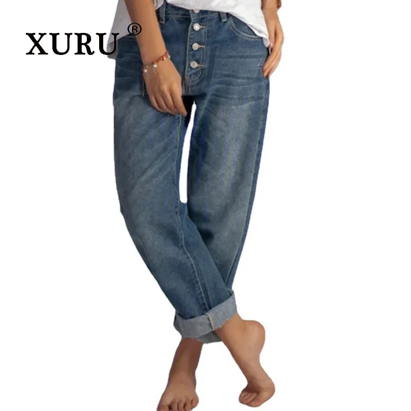 

XURU-Loose and Casual Denim Pants for Women, Simple and Slim, Straight Leg, New, K8- 20013