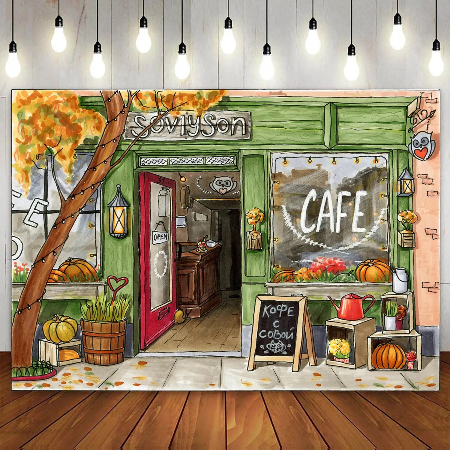 

Cartoon Watercolor Drawing Street Club Paris Cafe Flowers Patisserie Shop Backdrop for Kids 1st First Birthday Party Background