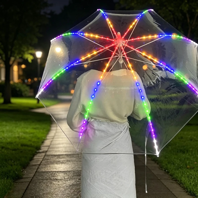 LED Light Up Umbrella Long Transparent Stick Flashlight Rain Parasol Durable Anti Scratch Romantic Gift for Students LED 우산