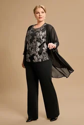 Plus Size Fashionable Women's Suit Vest Jacket and Pants Bride Mother 3/4 Sleeve Patchwork Lace 3-Piece Pants Sets 2024