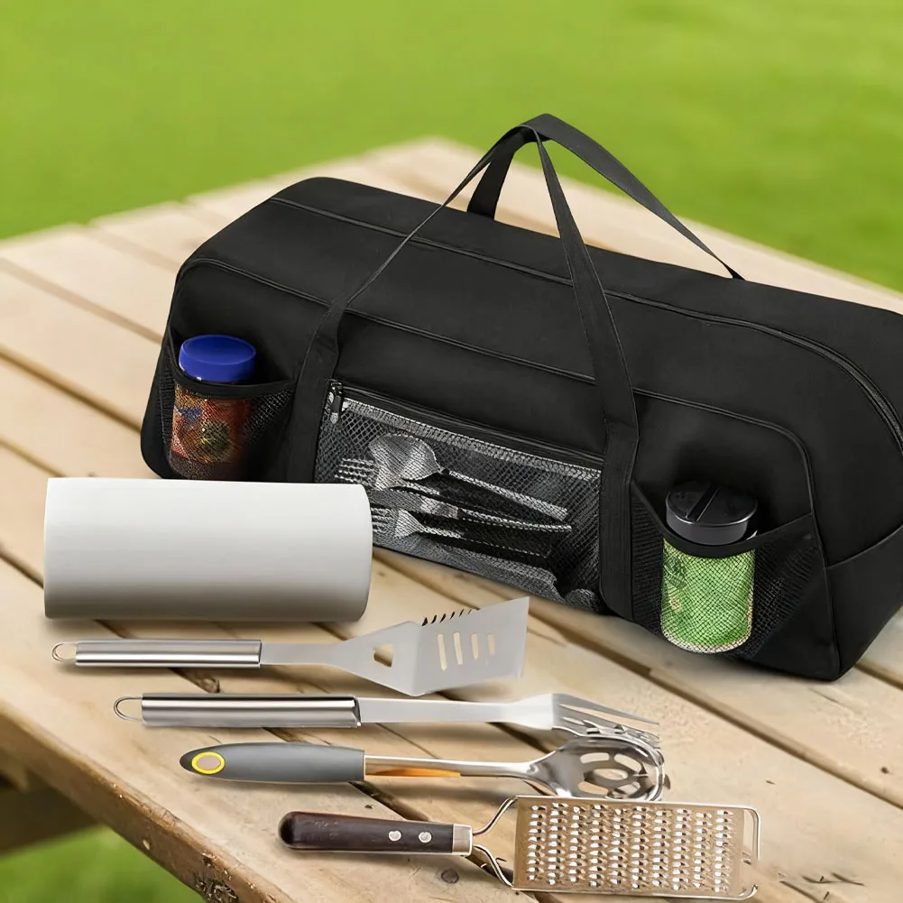 

24-дюймовый органайзер для инструментов для барбекю на открытом воздухе с прозрачным карманом на молнии и сетчатыми отделениями для хранения аксессуаров для гриля