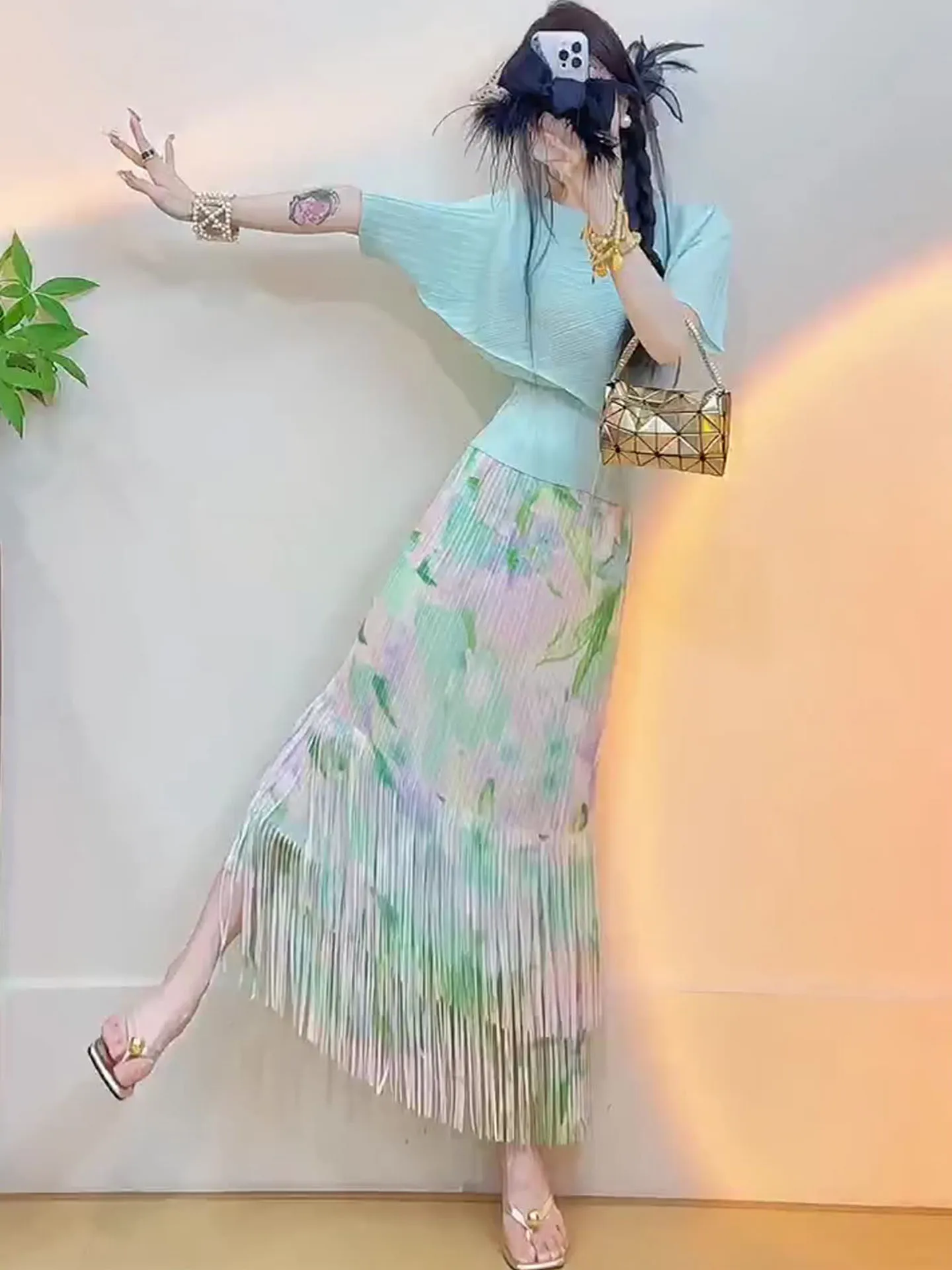 

Summer New Blue Tassel Waist ort Sve Top And Skirt Set Korean Sle Faion Ensemble Women's Polyester round Ne Pullover