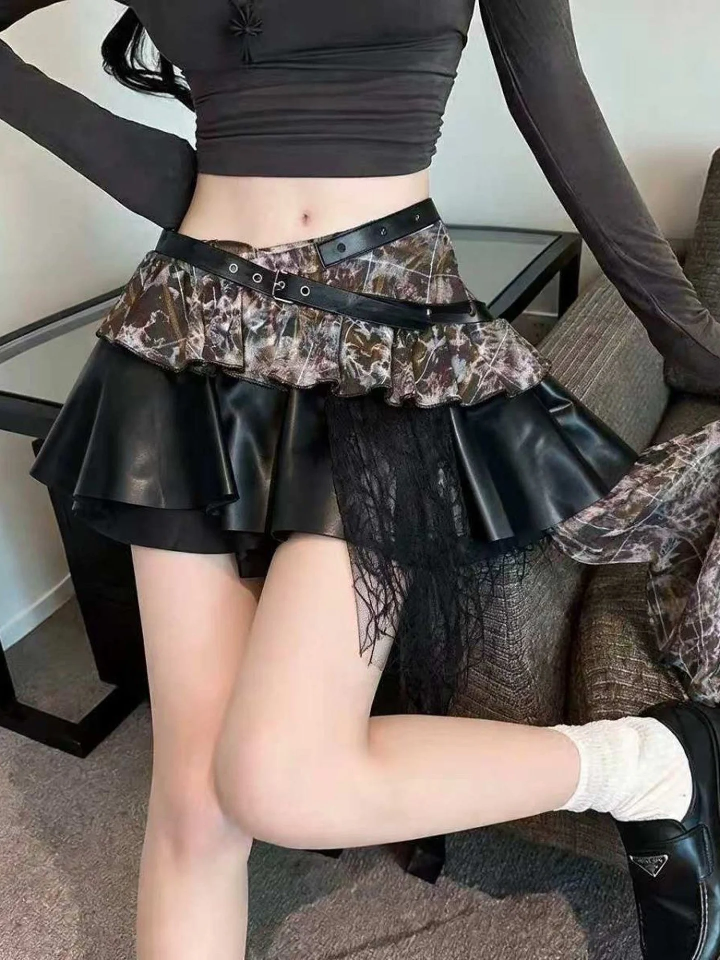 Asymmetric PU Leather  Skirt with Lace Splicing Korean Style High Waist Pleated Half-length Women's Fashion Slimming Vers...