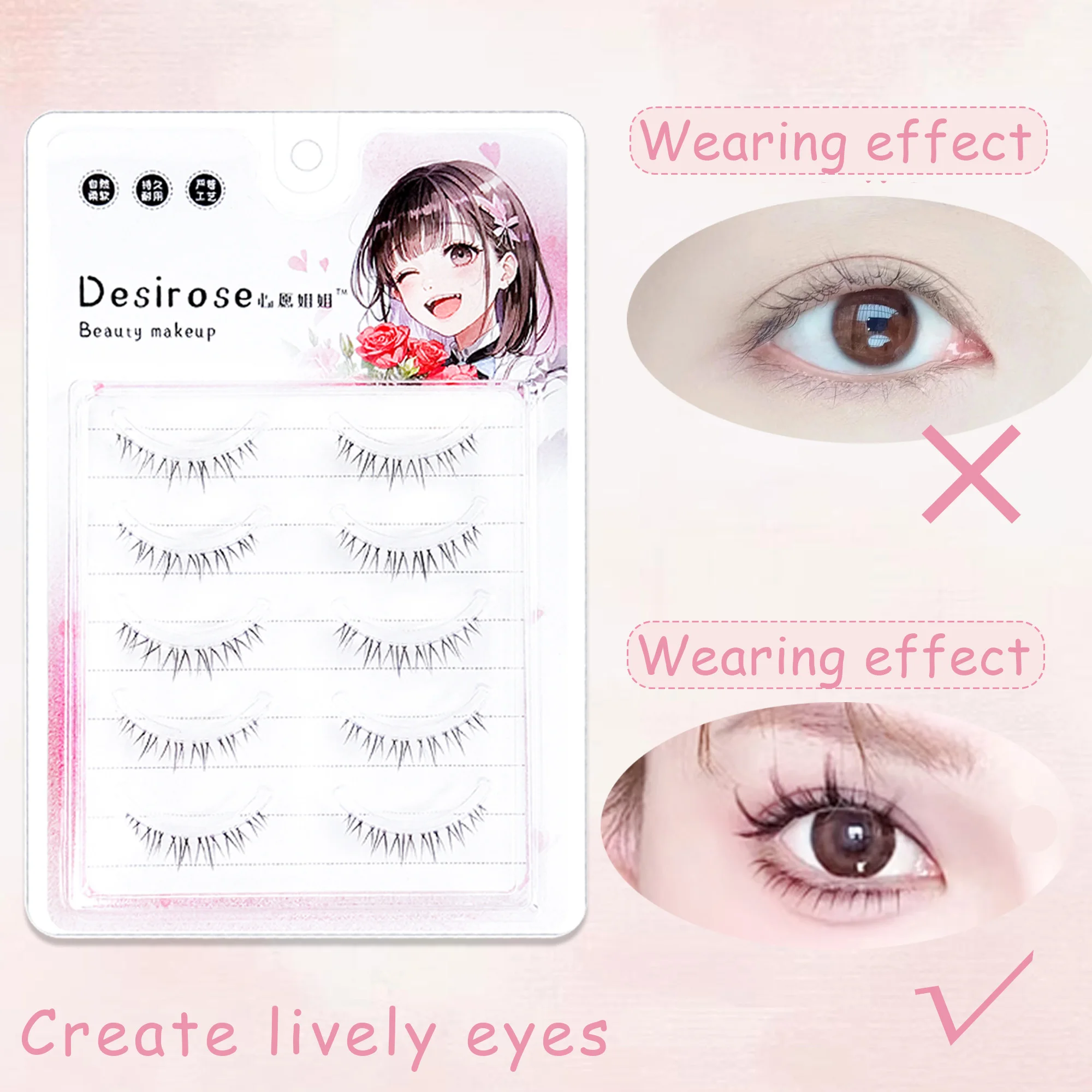 ขนตาปลอมแบบมังงะ 5 คู่ ขนตาล่างแบบธรรมชาติ ขนตาปลอมทำมือพร้อมแถบใส เหมาะสำหรับการแต่งหน้าในชีวิตประจำวัน