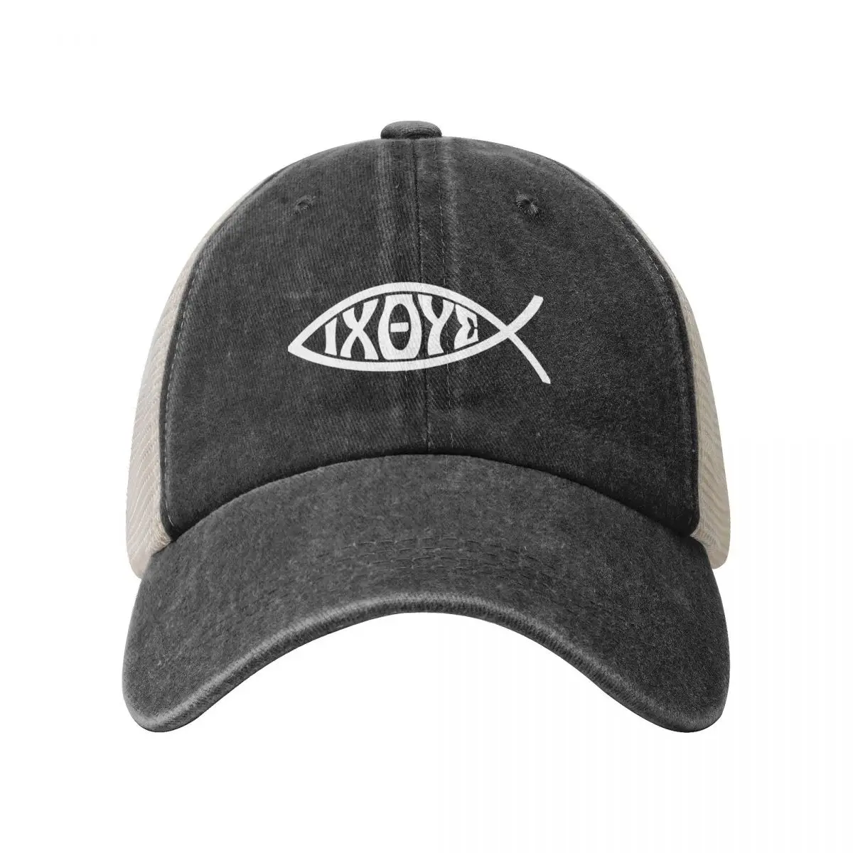 Ichthys or Ichtus IXOYE Christian Fish Cowboy Mesh Baseball Cap black Fashion Beach Horse Hat Woman Hats Men's