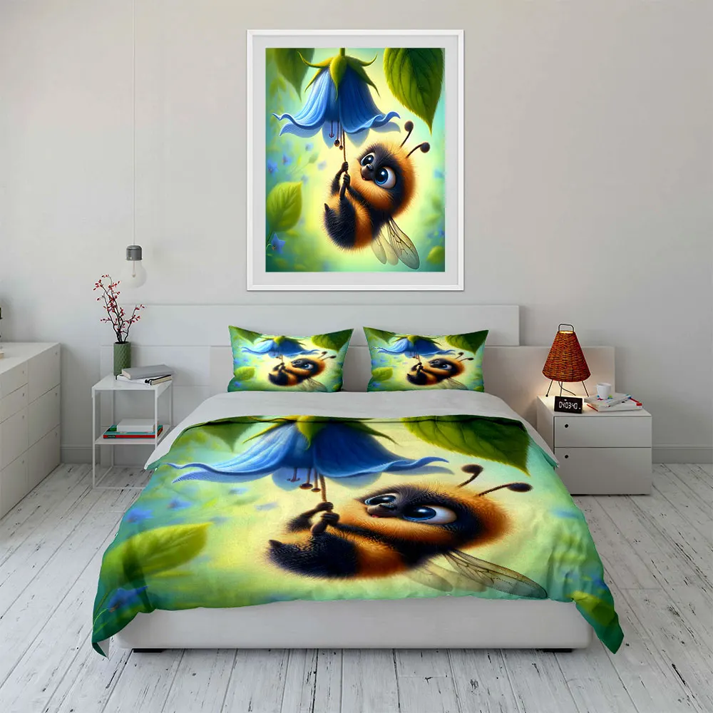 Fuzzy bee hanging on blue flower Print Soft Comfortable Duvet Cover Bedding Set Included 1*Duvet Cover  2*Pillowcases