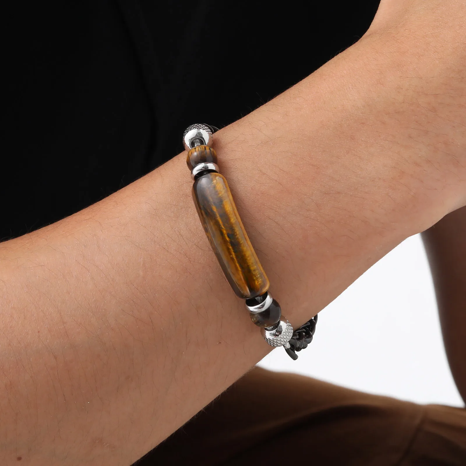 Vnox Natural Stone Tiger Eye Bar Beads Bracelets for Men, Adjustable Stainless Steel Wheat Chain Link Bracelet, Punk Jewelry
