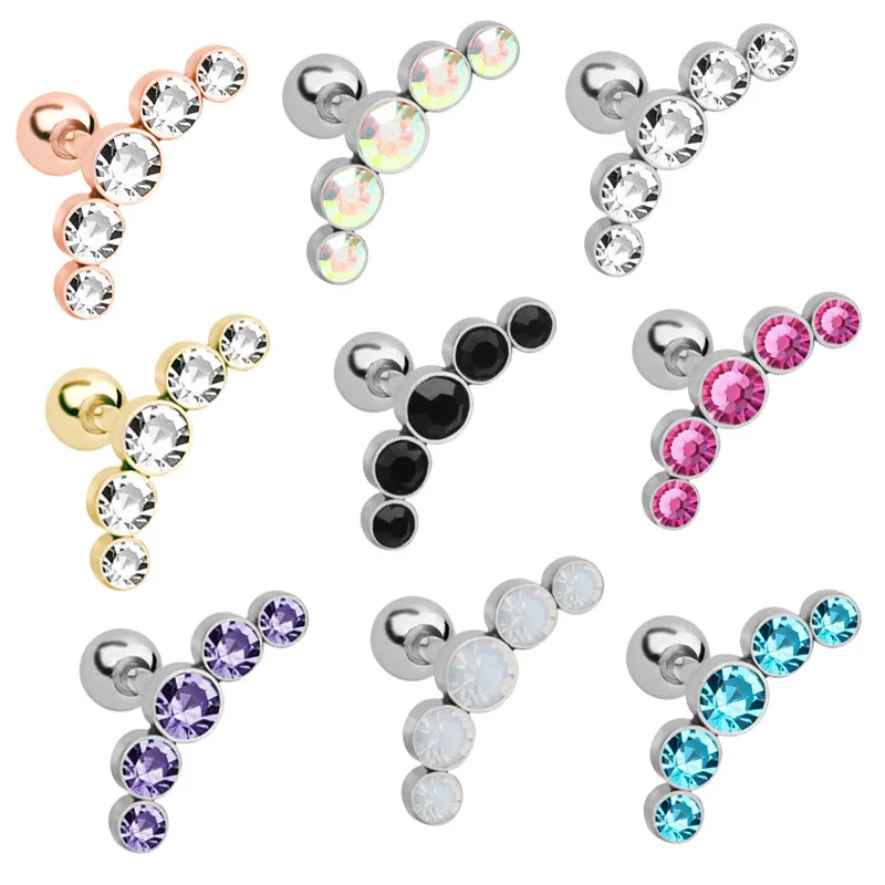 

54pcs Five Gem Ear Stud Tragus New Stainless Steel Czech Drill Earrings Earbone Ding Puncture Jewelry Trendy Women