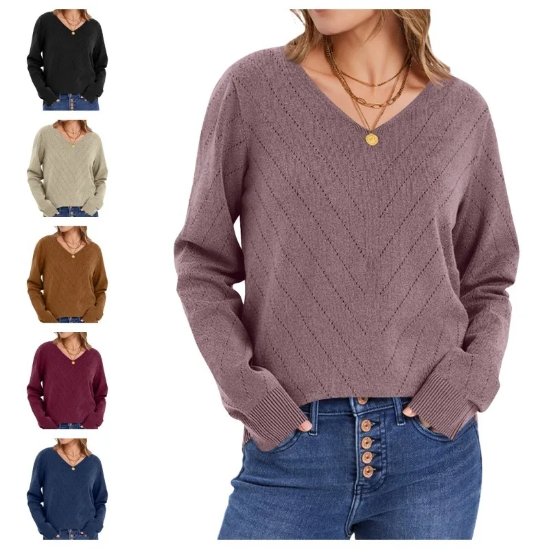 Neue Herbst V-ausschnitt Casual Stricken Aushöhlen Langarm frauen Pullover Pullover für Stilvolle Damen