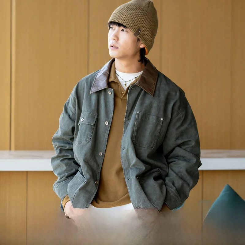 

Кожаная рабочая куртка в стиле ретро, мужская свободная верхняя одежда с отложным воротником, осенний сезон, молодежный тренд, смесь хлопка из полиэстера