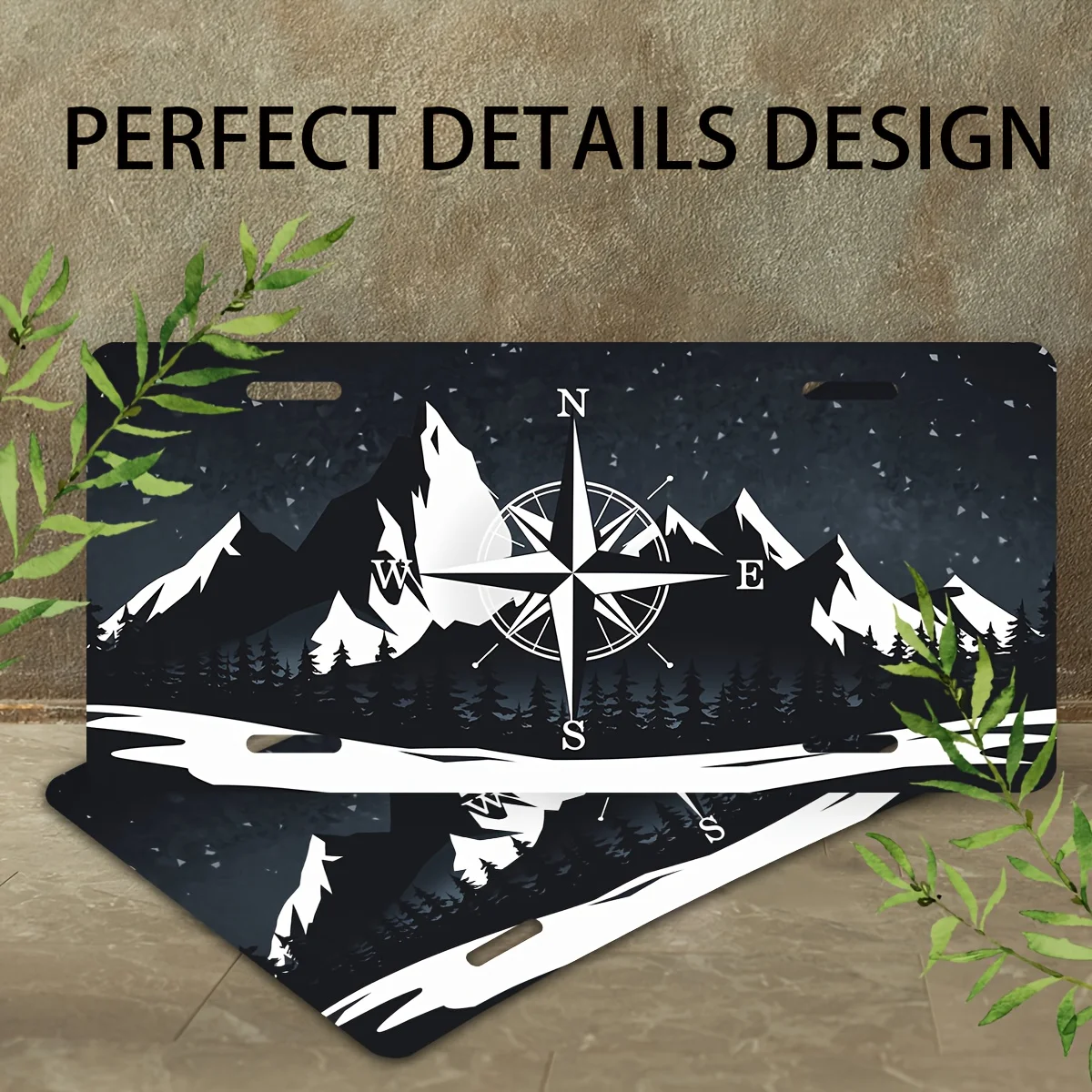 2D Plane, 1pc - Vintage Aluminum Mountain Compass License Plate Frame - 15.24X30.48 cm Wall Hanging Decorative Sign, Suitable fo