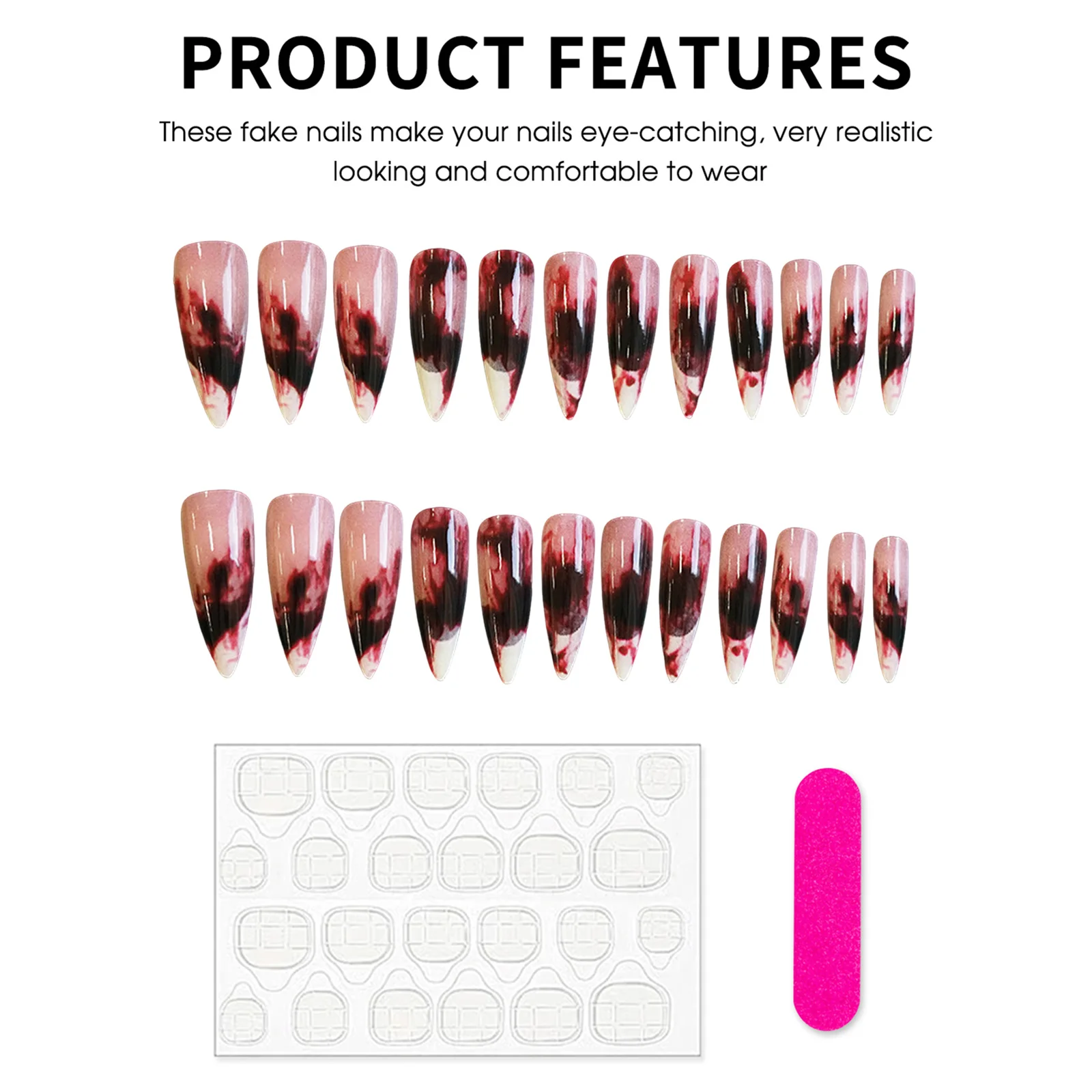 24 pezzi semplici Halloween punta per unghie finte sangue stile francese bordo bianco lungo stampa di mandorle sulle unghie unghie finte indossabili per feste creative