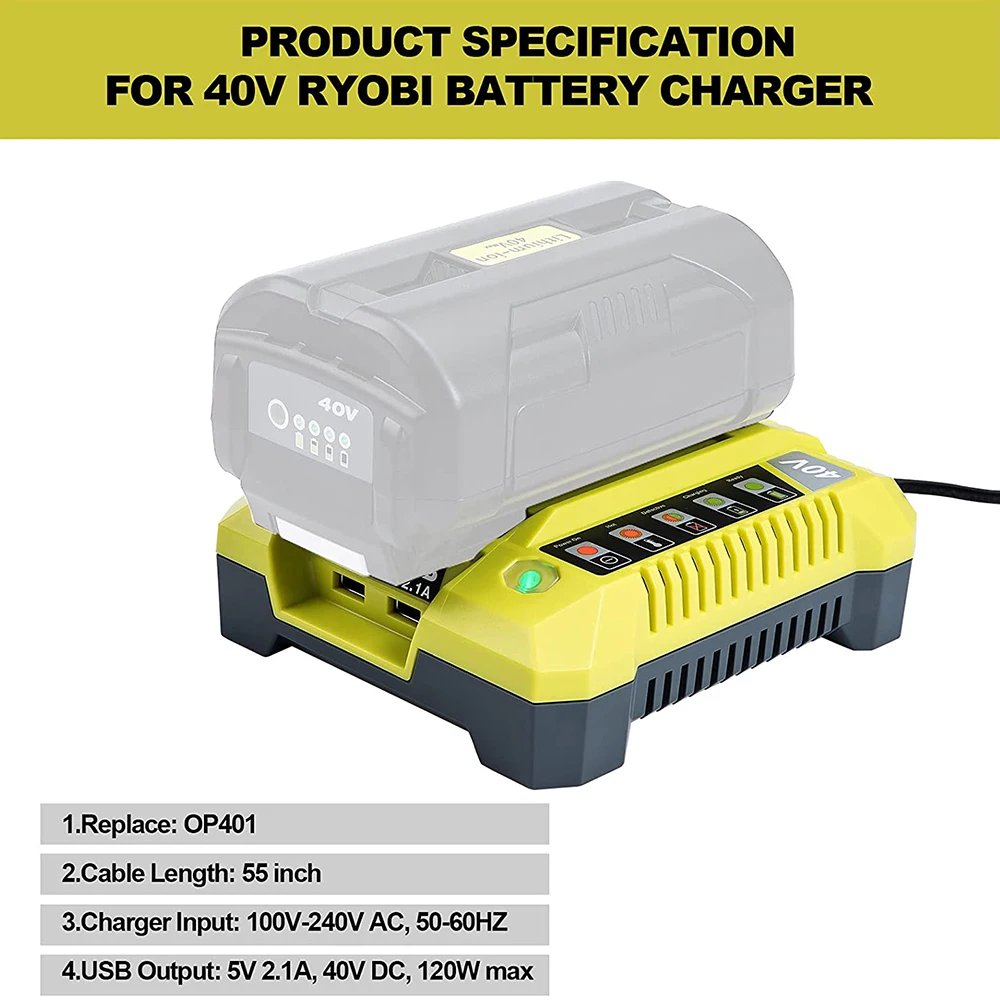 Imagem -04 - Carregador de Bateria de Iões de Lítio para Ryobi 40v Bateria Li-ion Op4050a Op4015 Op4026 Op4030 Op4040 Op4050 Op400a Op403a Zrop401