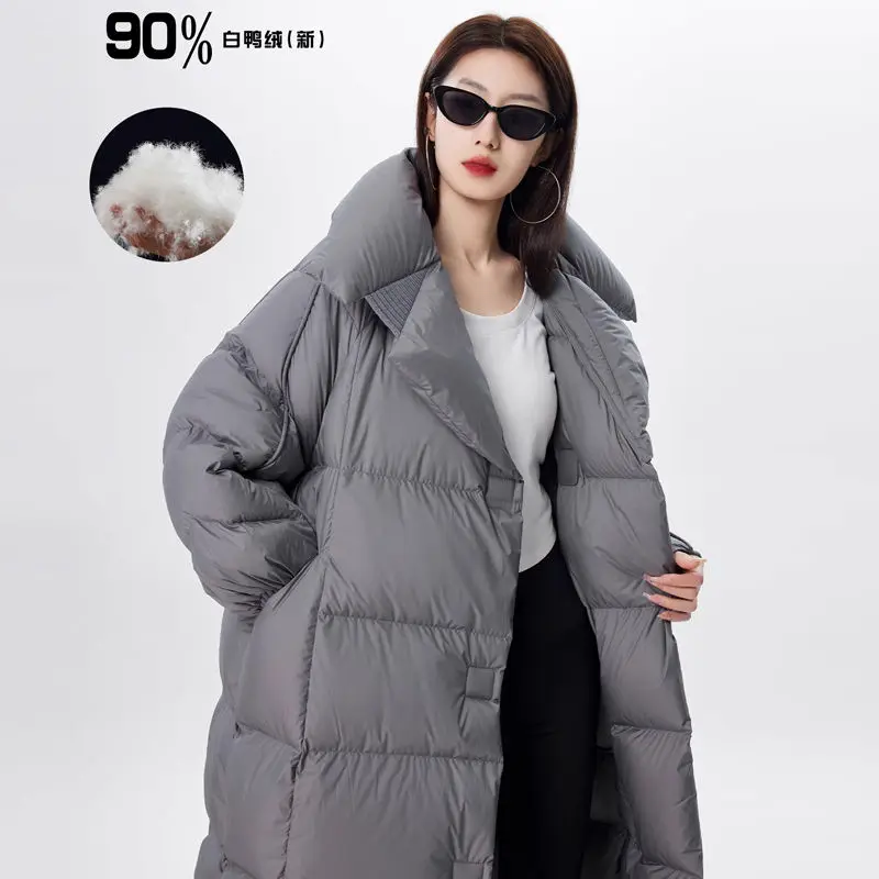 Chaqueta de plumón de pato blanco grueso de temperamento de alta gama para mujer en invierno 2024, chaqueta cálida de longitud media holgada de talla grande