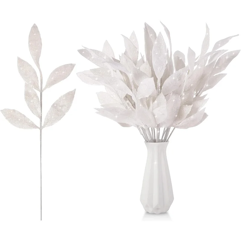 

White Christmas Glitter Leaves 34cm Artificial Christmas Tree Branches for Christmas Tree Home Decoration DIY Wreath Crafts Gift