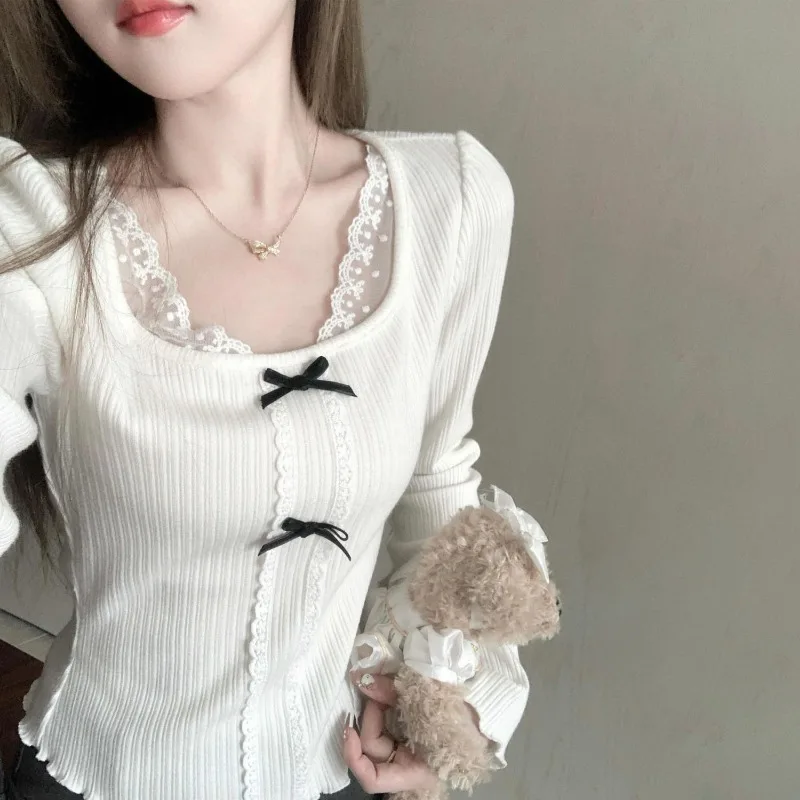 

Women Clothing Spring Autumn Fashion Lace Patchwork Solid Color Ladies Trend All-match Bow O-neck Young Style Long Sleeve Tops