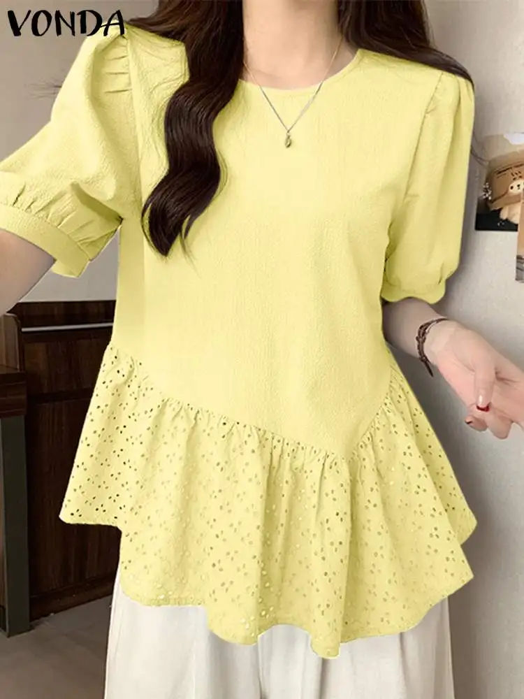 

Women Blouse 2024 VONDA Elegant Solid Color Blusas Oversized Short Sleeve Summer Tops Fashion Puff Sleeve Shirts Femininas