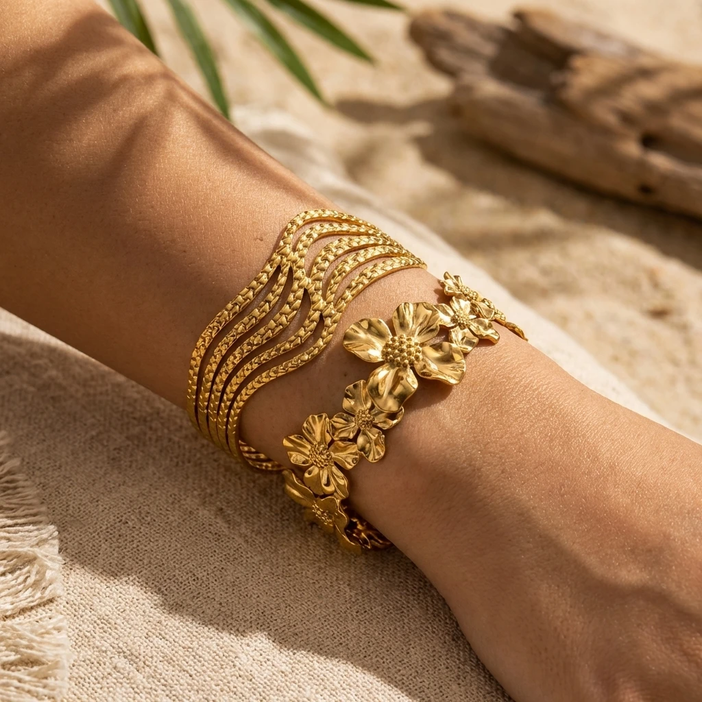 Botanical Flower Bee Stainless Steel Cuff Bracelet for Women 3D Floral Multi-Strand Layering Cottagecore Boho Jewelry