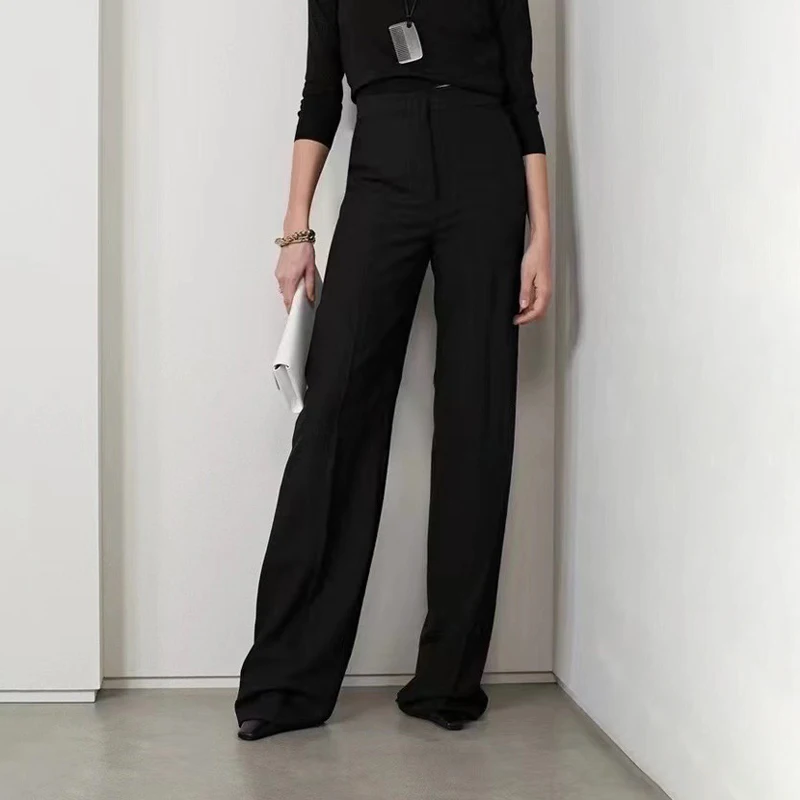 

American mat High Waist Wool Blend Wide Leg Pants Straight Cut Commuter Sle Classic Ceiling Long Trousers
